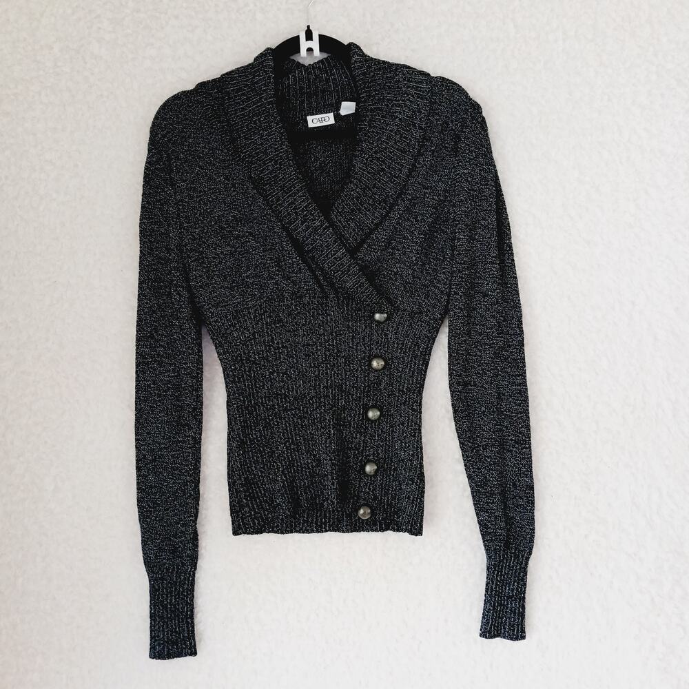 Sweater Cardigan Cato Black White Tweed Crop Long Sleeve Button Pullover Size L